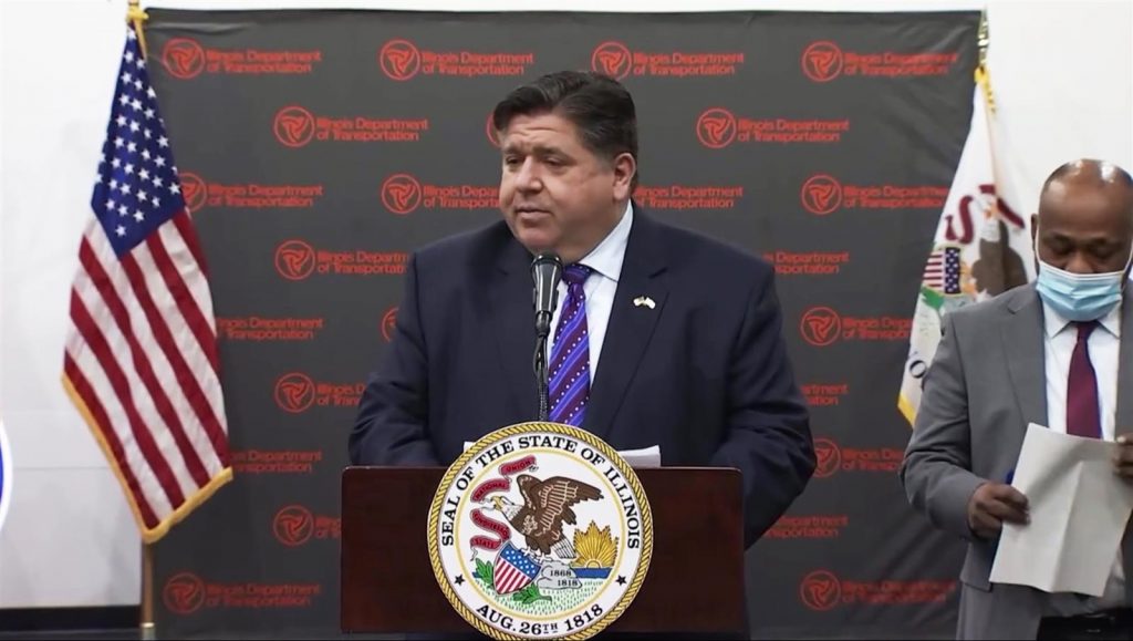 Gov. JB Pritzker announces that the state is investing $32 million to help rebuild the I-80 interchange during a virtual news conference Thursday. The interchange is expected to alleviate congestion and improve safety for drivers. (Credit: Office of Gov. JB Pritzker)

