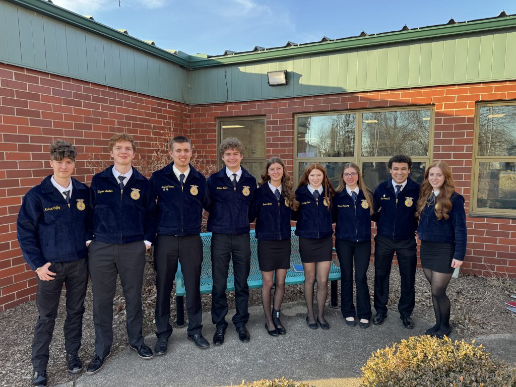 Peotone FFA members competing at Section 10 Proficiency Award Judging at Tri-Point High School on February 14, include, left to right: Michael Coffey, Hayden Mueller, Bryce Thomas, William Bialko, Emma Bialko, Paisley Land, Hanna Clousing, Mark Jones II, and Avery Klecka. Brianna Schubbe was unavailable for the picture. –Photo submitted.