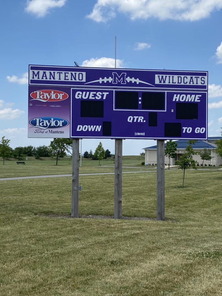 The scoreboard at Legacy Park will see scores this fall, but only after controversy. –Photo by Stephanie Irvine.